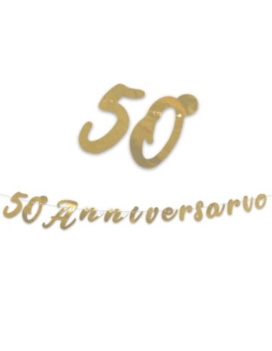 Festone  50 ° Anniversario di Matrimonio con scritto ( 50° ANNIVERSARIO)  oro - L 3 metri x 15 cm H -NOZZE ORO  1 pz