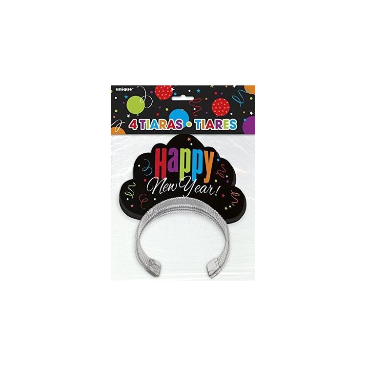 Kit 4 TIARE / CORONCINE "HAPPY NEW YEAR!" per CAPODANNO - Confez. 4 pezzi - cartoncino - Unique