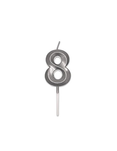 Candelina Prestige   numero 8 di cera  5 cm di colore Argento  Perla Metal     pz 1