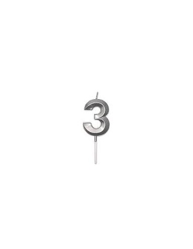 Candelina Prestige   numero 3 di cera  5 cm di colore Argento  Perla Metal     pz 1