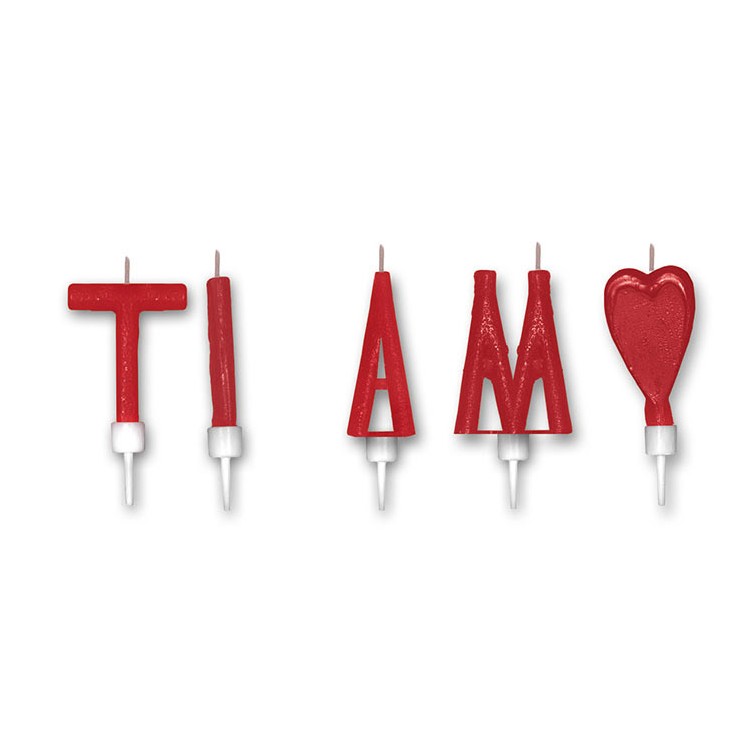 Kit 5 Candeline  di cera rosso che formano la scritta (TI AMO ) 4 cm  pz 1