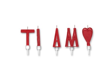 Kit 5 Candeline  di cera rosso che formano la scritta (TI AMO ) 4 cm  pz 1