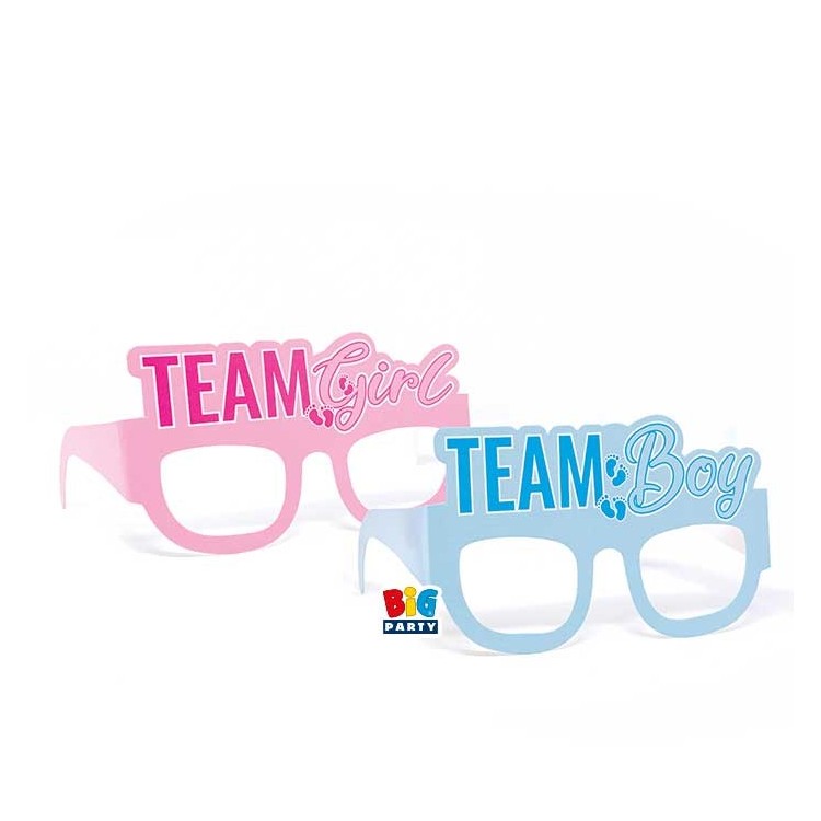 Kit 6 Occhiali per " baby shower " in cartoncino 3 pz TEAM GIRLS e 3 pz TEAM BOY
