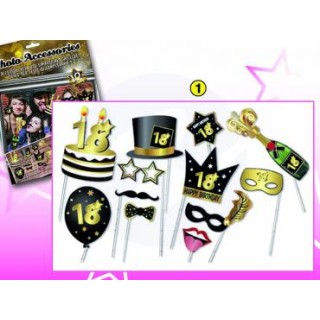 Kit Accessori 18 Anni Foto Booth / Selfie tema Happy Birthday 18 Anni  - 12 pezzi - misure e forme diverse Dor