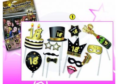 Kit Accessori 18 Anni Foto Booth / Selfie tema Happy Birthday 18 Anni  - 12 pezzi - misure e forme diverse Dor