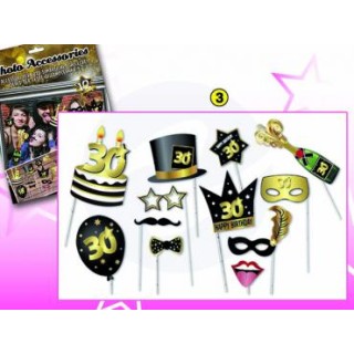 Kit Accessori 30 Anni Foto Booth / Selfie tema Happy Birthday 30 Anni  - 12 pezzi - misure e forme diverse Dor