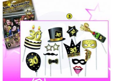Kit Accessori 30 Anni Foto Booth / Selfie tema Happy Birthday 30 Anni  - 12 pezzi - misure e forme diverse Dor