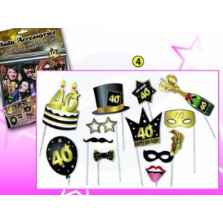 Kit Accessori 40 Anni Foto Booth / Selfie tema Happy Birthday 40 Anni  - 12 pezzi - misure e forme diverse Dor