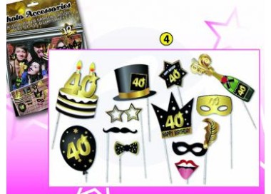 Kit Accessori 40 Anni Foto Booth / Selfie tema Happy Birthday 40 Anni  - 12 pezzi - misure e forme diverse Dor
