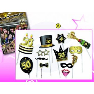 Kit Accessori 50 Anni Foto Booth / Selfie tema Happy Birthday 50 Anni  - 12 pezzi - misure e forme diverse Dor