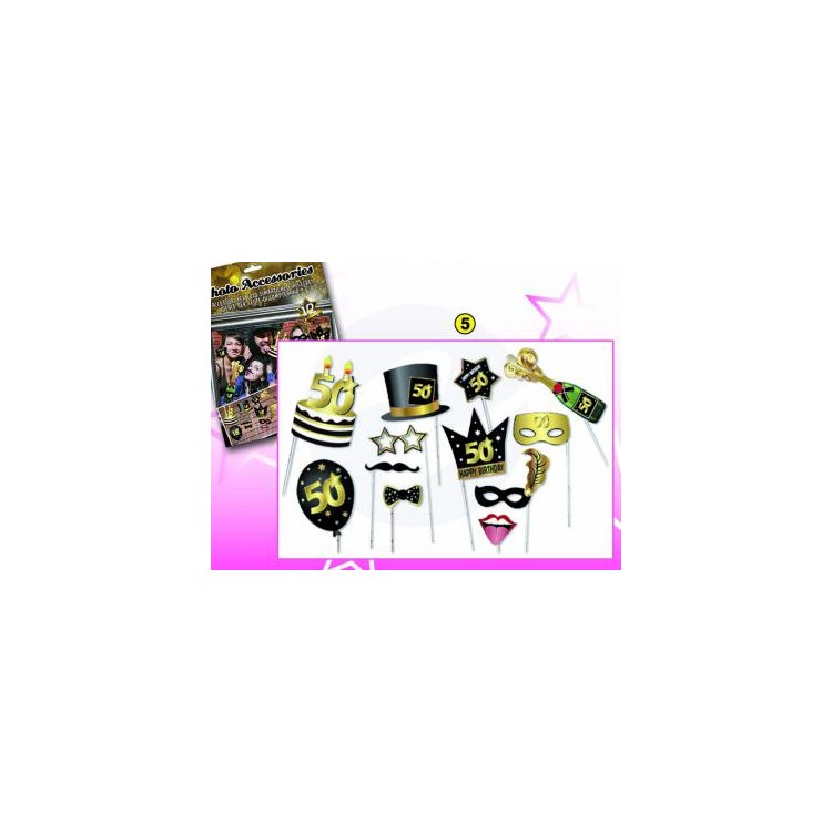 Kit Accessori 50 Anni Foto Booth / Selfie tema Happy Birthday 50 Anni  - 12 pezzi - misure e forme diverse Dor