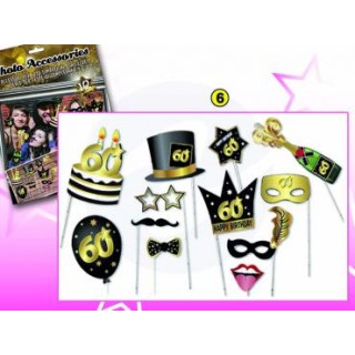 Kit Accessori 60 Anni Foto Booth / Selfie tema Happy Birthday 60 Anni  - 12 pezzi - misure e forme diverse Dor