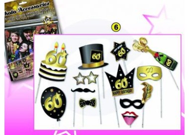 Kit Accessori 60 Anni Foto Booth / Selfie tema Happy Birthday 60 Anni  - 12 pezzi - misure e forme diverse Dor