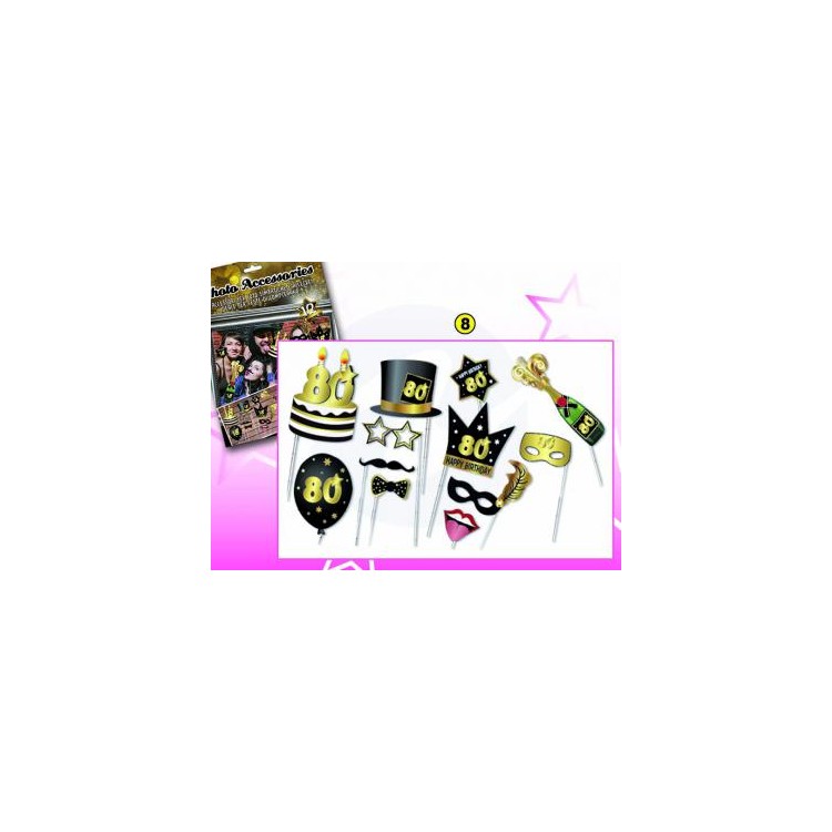 Kit Accessori 80 Anni Foto Booth / Selfie tema Happy Birthday 80 Anni  - 12 pezzi - misure e forme diverse Dor