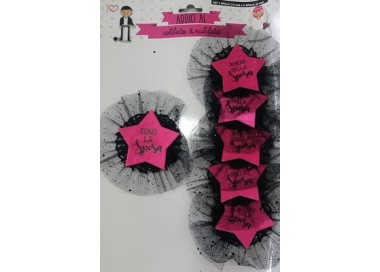 Kit di 6 coccarde addio al nubilato con spilla (5 per  amiche della sposa e 1 per la sposa  )