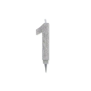 Maxy  Candelina di cera  numero 1 di colore Argento con brillantini incorporati  14 Cm  pz 1