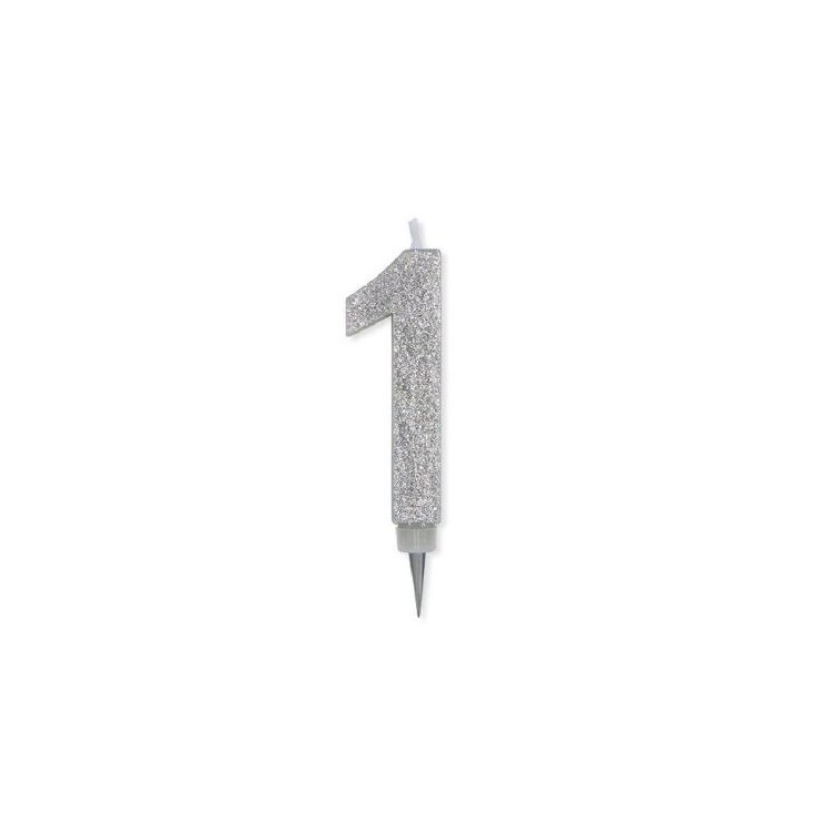 Maxy  Candelina di cera  numero 1 di colore Argento con brillantini incorporati  14 Cm  pz 1