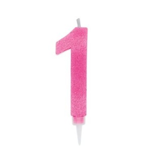 Maxy  Candelina di cera  numero 1 di colore fucsia con brillantini incorporati  14 Cm  pz 1