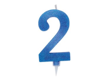 Maxy  Candelina di cera  numero 2 di colore Blù con brillantini incorporati  14 Cm  pz 1