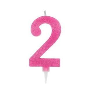 Maxy  Candelina di cera  numero 2 di colore fucsia con brillantini incorporati  14 Cm  pz 1