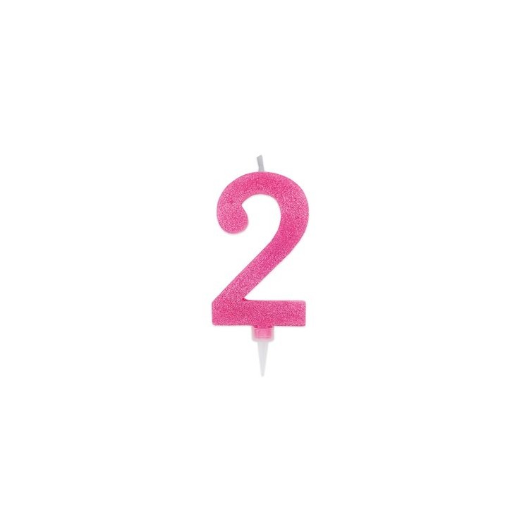 Maxy  Candelina di cera  numero 2 di colore fucsia con brillantini incorporati  14 Cm  pz 1