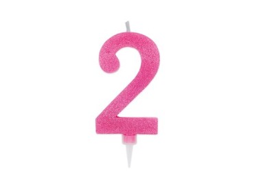 Maxy  Candelina di cera  numero 2 di colore fucsia con brillantini incorporati  14 Cm  pz 1