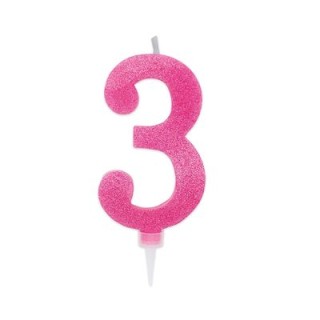 Maxy  Candelina di cera  numero 3 di colore fucsia con brillantini incorporati  14 Cm  pz 1