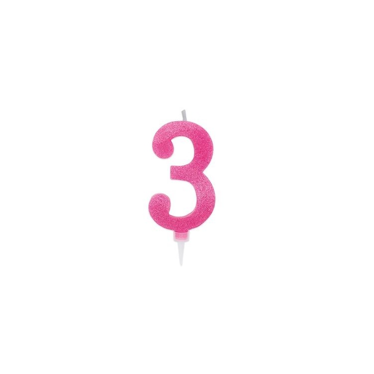 Maxy  Candelina di cera  numero 3 di colore fucsia con brillantini incorporati  14 Cm  pz 1