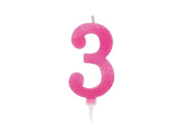 Maxy  Candelina di cera  numero 3 di colore fucsia con brillantini incorporati  14 Cm  pz 1