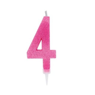 Maxy  Candelina di cera  numero 4 di colore fucsia con brillantini incorporati  14 Cm  pz 1