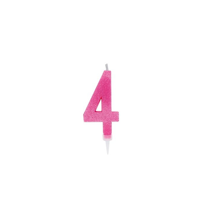 Maxy  Candelina di cera  numero 4 di colore fucsia con brillantini incorporati  14 Cm  pz 1