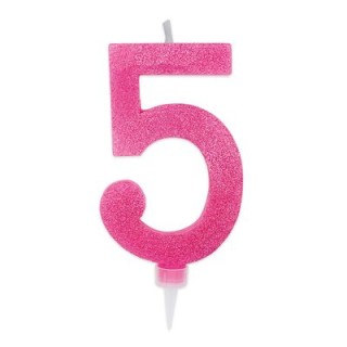 Maxy  Candelina di cera  numero 5 di colore fucsia con brillantini incorporati  14 Cm  pz 1