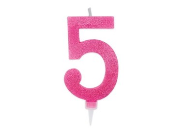 Maxy  Candelina di cera  numero 5 di colore fucsia con brillantini incorporati  14 Cm  pz 1