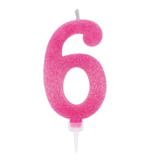 Maxy  Candelina di cera  numero 6 di colore fucsia con brillantini incorporati  14 Cm  pz 1