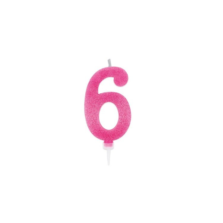 Maxy  Candelina di cera  numero 6 di colore fucsia con brillantini incorporati  14 Cm  pz 1