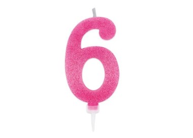 Maxy  Candelina di cera  numero 6 di colore fucsia con brillantini incorporati  14 Cm  pz 1