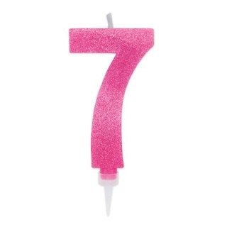 Maxy  Candelina di cera  numero 7 di colore fucsia con brillantini incorporati  14 Cm  pz 1