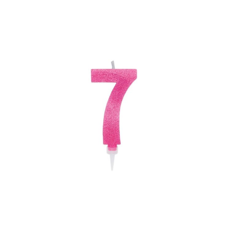 Maxy  Candelina di cera  numero 7 di colore fucsia con brillantini incorporati  14 Cm  pz 1