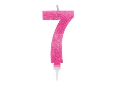 Maxy  Candelina di cera  numero 7 di colore fucsia con brillantini incorporati  14 Cm  pz 1