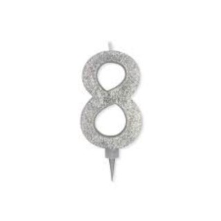 Maxy  Candelina di cera  numero 8 di colore Argento con brillantini incorporati  14 Cm  pz 1
