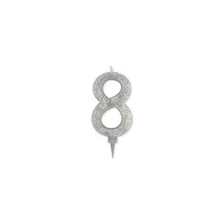 Maxy  Candelina di cera  numero 8 di colore Argento con brillantini incorporati  14 Cm  pz 1