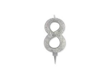Maxy  Candelina di cera  numero 8 di colore Argento con brillantini incorporati  14 Cm  pz 1