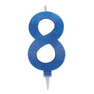 Maxy  Candelina di cera  numero 8 di colore Blù con brillantini incorporati  14 Cm  pz 1
