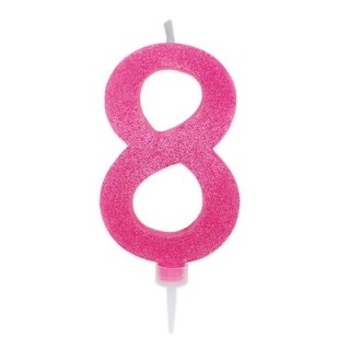 Maxy  Candelina di cera  numero 8 di colore fucsia con brillantini incorporati  14 Cm  pz 1