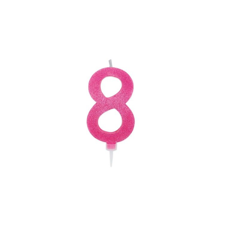 Maxy  Candelina di cera  numero 8 di colore fucsia con brillantini incorporati  14 Cm  pz 1