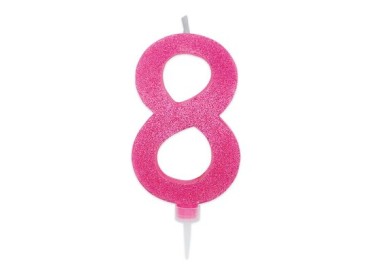 Maxy  Candelina di cera  numero 8 di colore fucsia con brillantini incorporati  14 Cm  pz 1