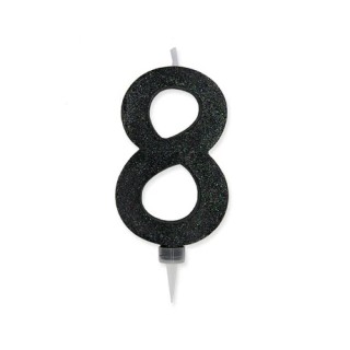Maxy  Candelina di cera  numero 8 di colore nero  con brillantini incorporati  14 Cm  pz 1