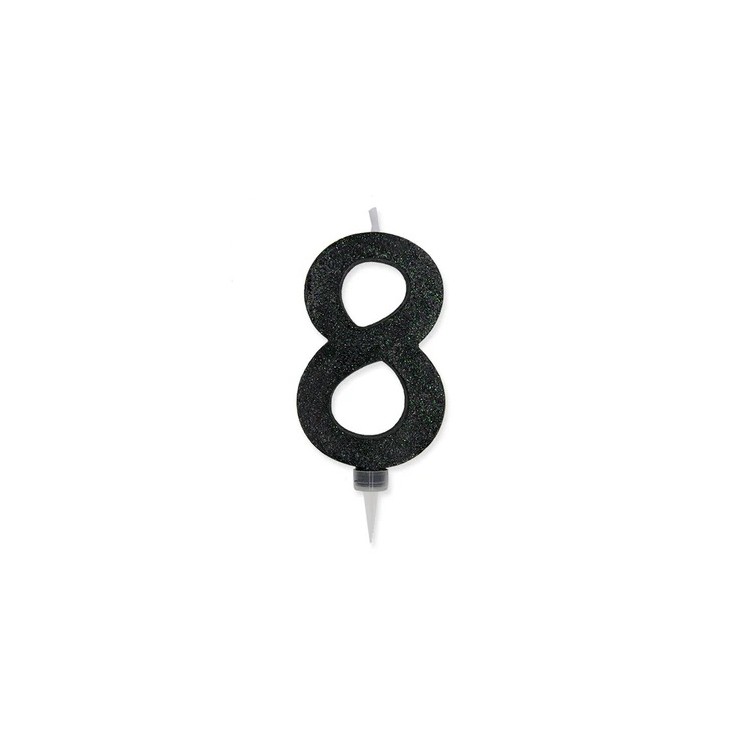 Maxy  Candelina di cera  numero 8 di colore nero  con brillantini incorporati  14 Cm  pz 1