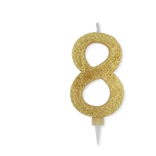 Maxy  Candelina di cera  numero 8 di colore ORO con brillantini incorporati  14 Cm  pz 1