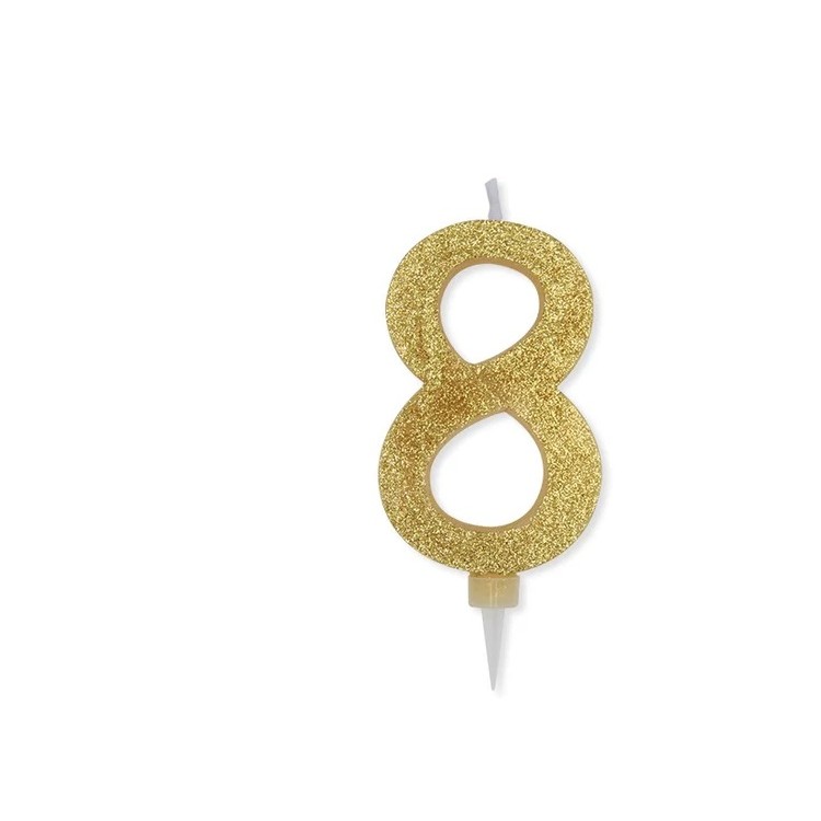 Maxy  Candelina di cera  numero 8 di colore ORO con brillantini incorporati  14 Cm  pz 1